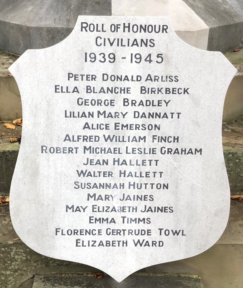 The memorial shield listing the civilian casualties